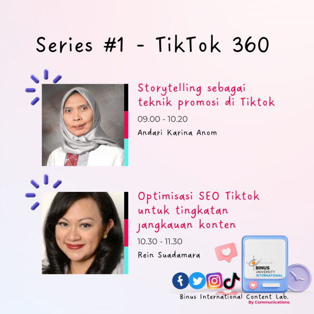 The poster shows the topic 1 (Storytelling sebagai teknik promosi di Tiktok) and Topic 2 (Optimisasi SEO Tiktok untuk tingkatan jangkauan konten)