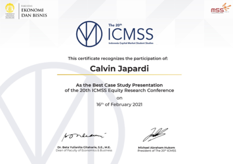 Best Case Study Presentation at the 20th ICMSS Equity Research Conference