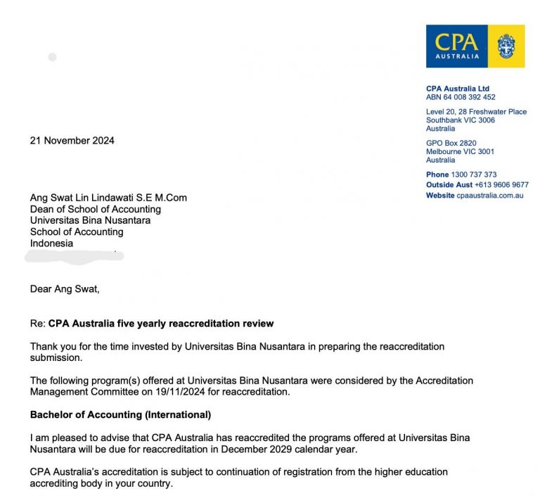BINUS Finance International Program Reaccredited by CPA Australia